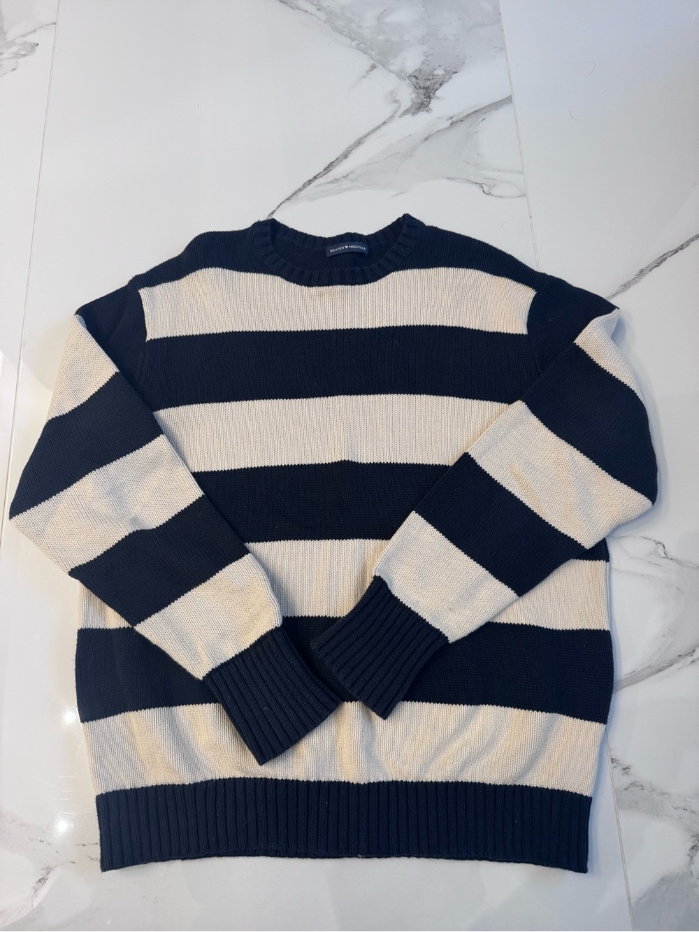 Brandy Melville Navy and Cream Striped Crewneck Sweater